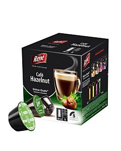 Café René Café Hazelnut package and pod for Dolce Gusto
